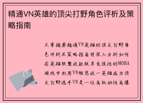 精通VN英雄的顶尖打野角色评析及策略指南