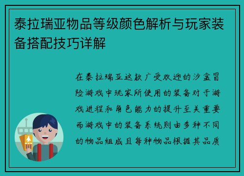 泰拉瑞亚物品等级颜色解析与玩家装备搭配技巧详解